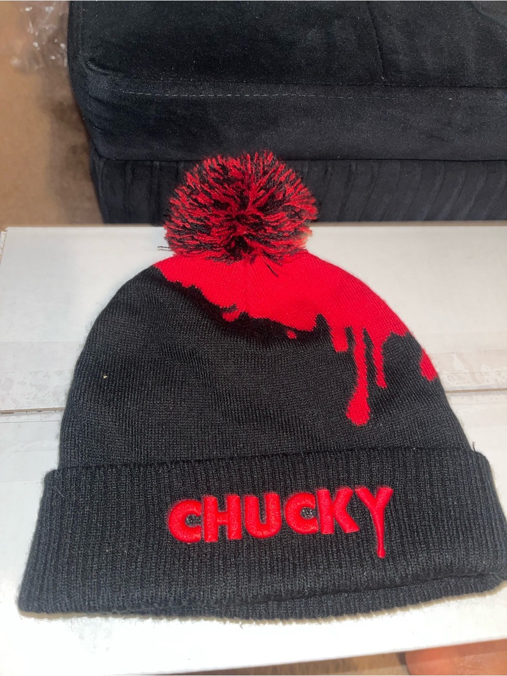 Chucky Pom Beanie - Black with Red Accents